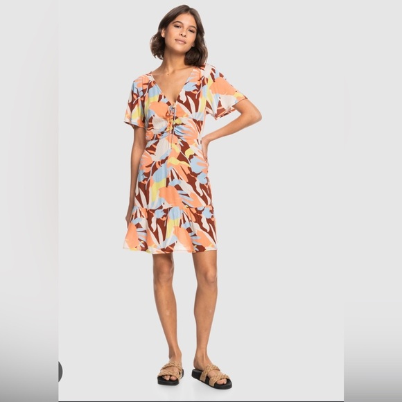 Roxy Colorful summer Beach vacation Floral V-Neck Dress - Picture 1 of 7
